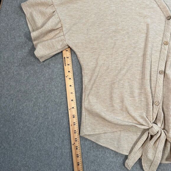 Altar’d State Waffle Knit Button Front Tie Top Women's Large Beige Ruffle Sleeve - Picture 8 of 10